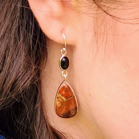 The Girl With Kaleidoscope Eyes Jewelry - Red Brecciated Jasper & Onyx Earrings